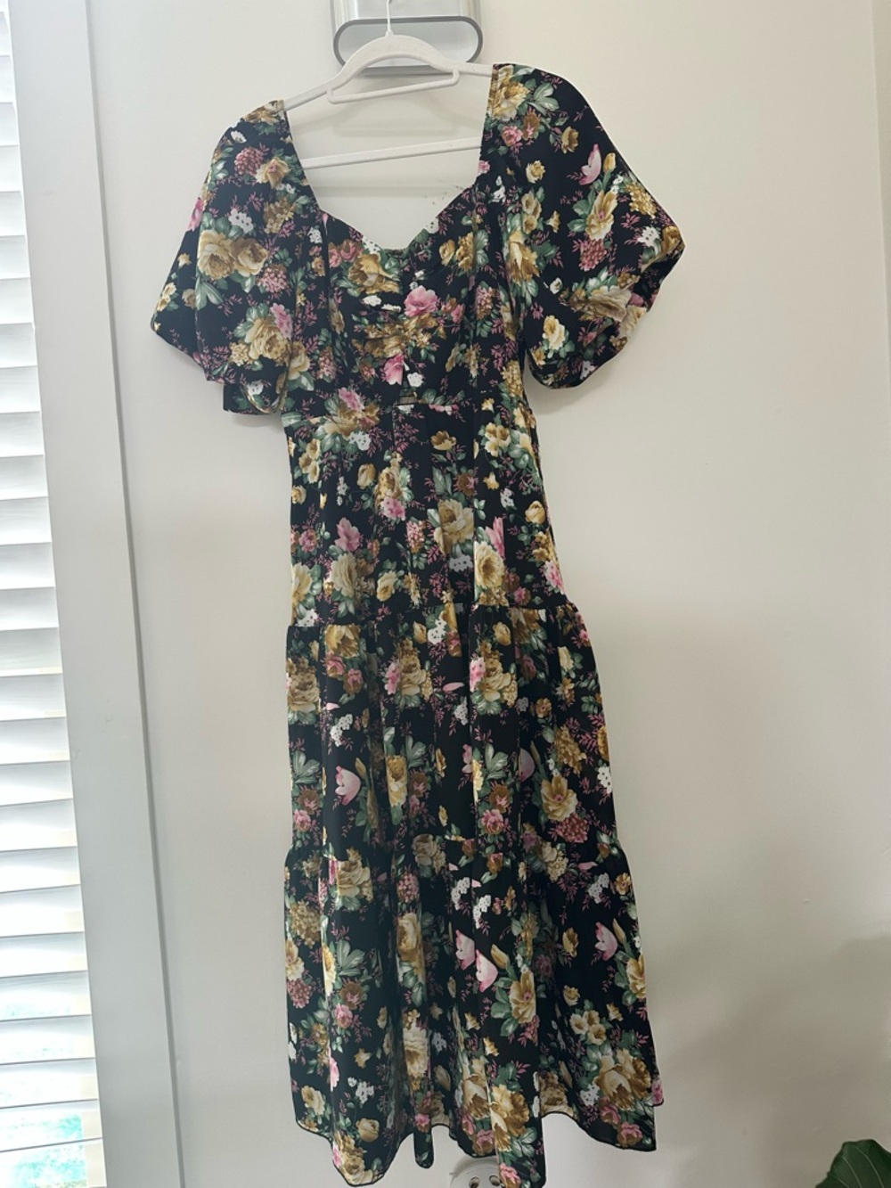 Floral Tiered Maxi Dress in Black with Pink & Cream Blooms (never worn)